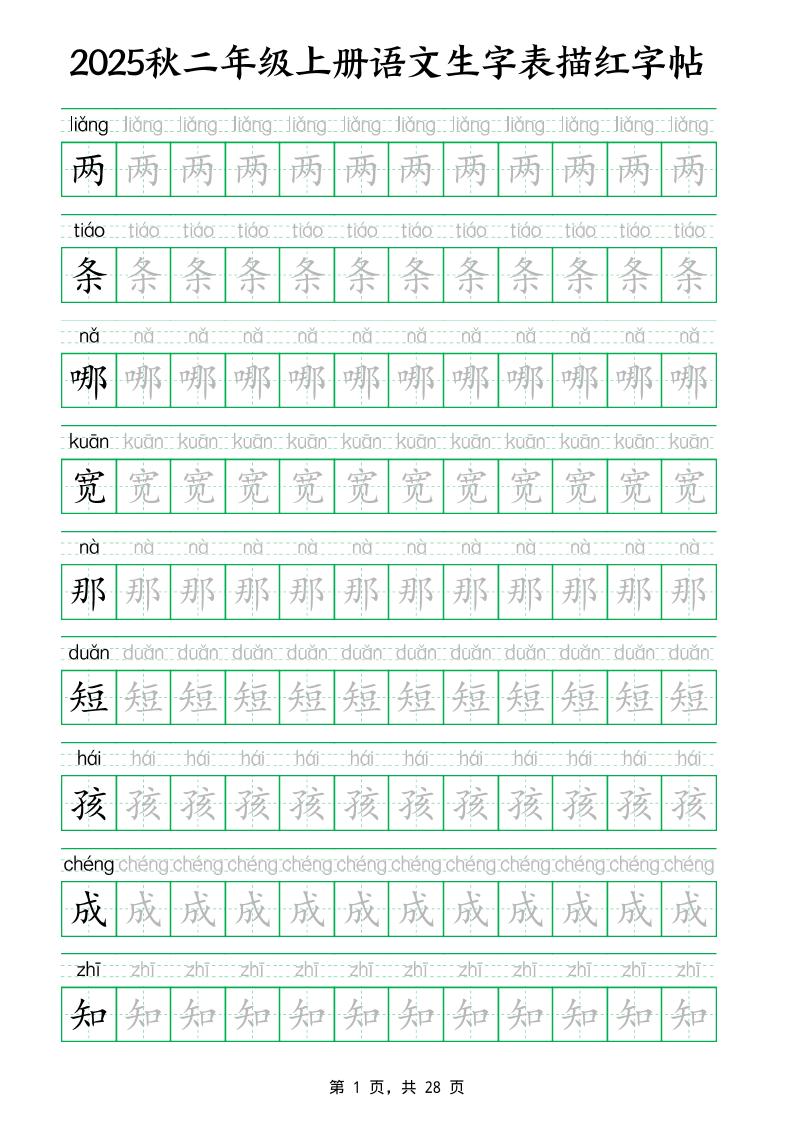 25秋新二上语文生字表生字拼音描红字帖（251字28页）金榜学科-专注整理分享幼、小、初、高学科教资，一站式解决孩子学习资料难题，帮助孩子全方位提升成绩。金榜学科