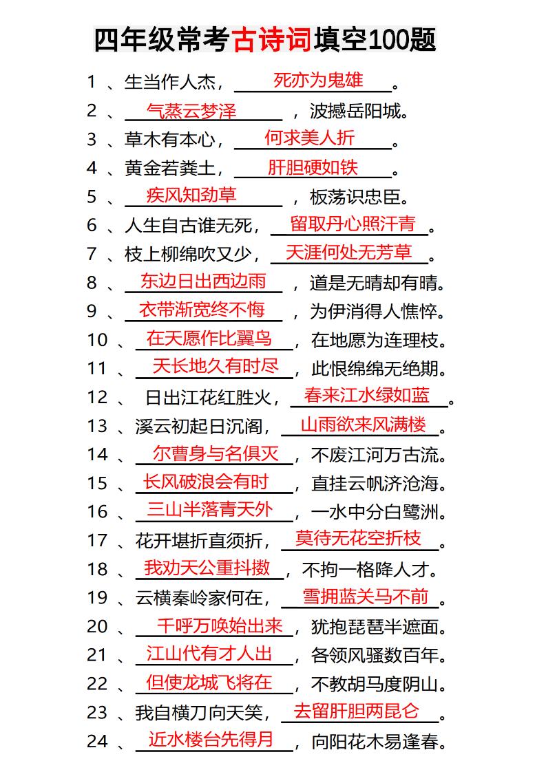 四年级下语文常考古诗词填空100题有答案金榜学科-专注整理分享幼、小、初、高学科教资，一站式解决孩子学习资料难题，帮助孩子全方位提升成绩。金榜学科