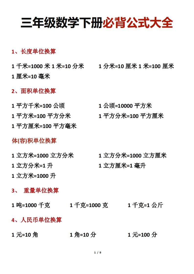 三年级数学下册必背公式大全金榜学科-专注整理分享幼、小、初、高学科教资，一站式解决孩子学习资料难题，帮助孩子全方位提升成绩。金榜学科