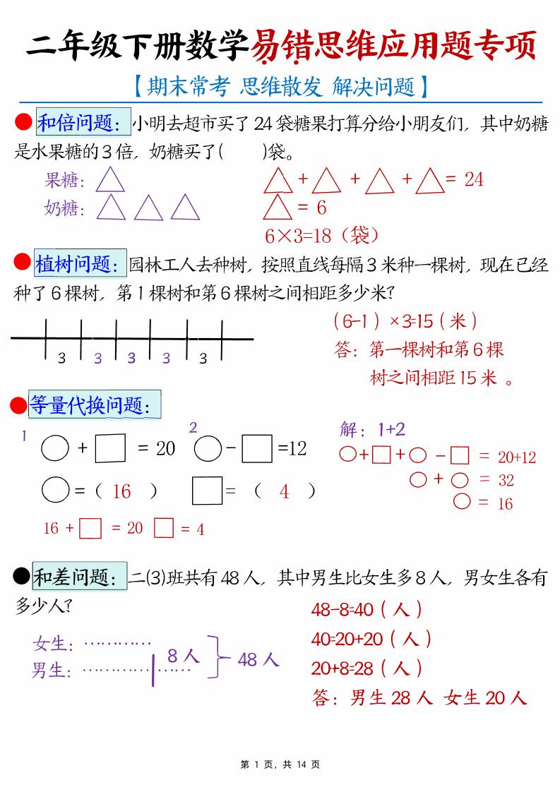二下数学易错思维应用题专项（28道母题）练习+答案版14页金榜学科-专注整理分享幼、小、初、高学科教资，一站式解决孩子学习资料难题，帮助孩子全方位提升成绩。金榜学科