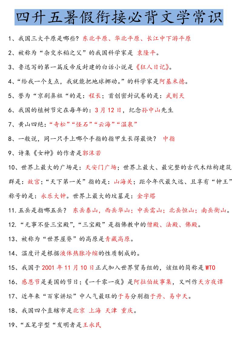 【四升五语文暑假】必背文学常识四下语文金榜学科-专注整理分享幼、小、初、高学科教资，一站式解决孩子学习资料难题，帮助孩子全方位提升成绩。金榜学科